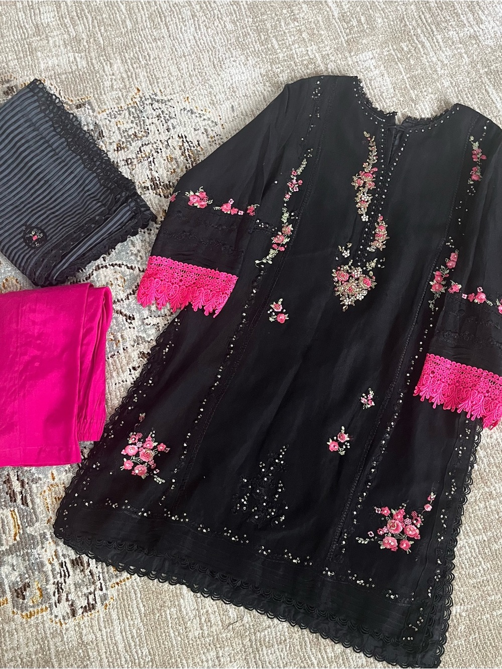 3 piece Black Dress with Hot Pink and hold Floral Embroidery and dabka work